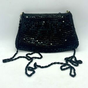 Y&S Original Small Evening Bag, with Shoulder Strap. Black Metal Mesh.